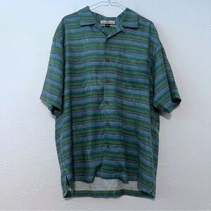 Tommy Bahama Men Green striped Hawaiian Shirt Size M 100% Silk Short Sleeve